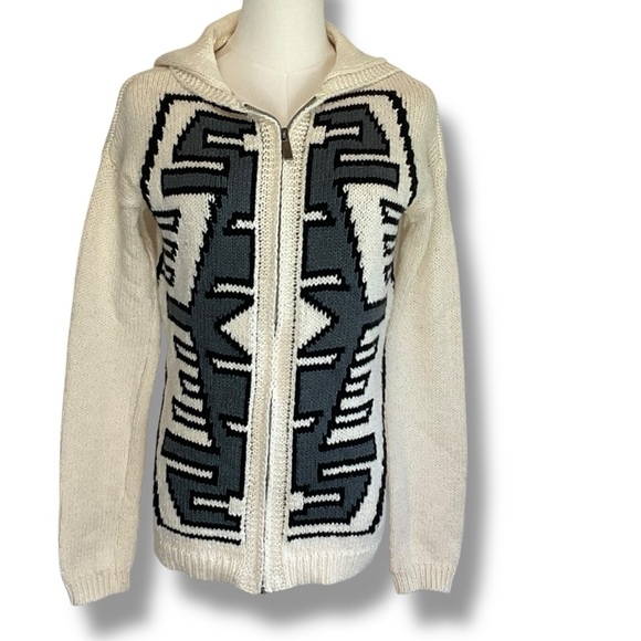 Kismet Sweaters - Kismet‎ Cardigan Sweater Cream Grey Hooded Knit Long Zip Aztec Southwest Size XS